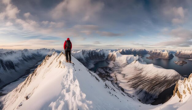 une personne debout sur une montagne avec une veste rouge sur