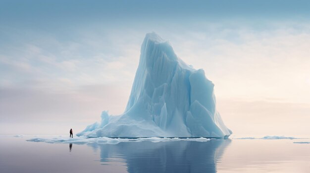 une personne debout sur un petit bateau devant un grand iceberg