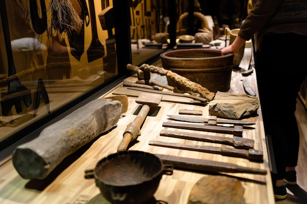 Photo une personne debout près d'une exposition de musée avec des outils anciens