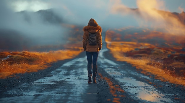 Photo une personne debout sur une route qui disparaît au loin mettant en évidence l'idée de constamment