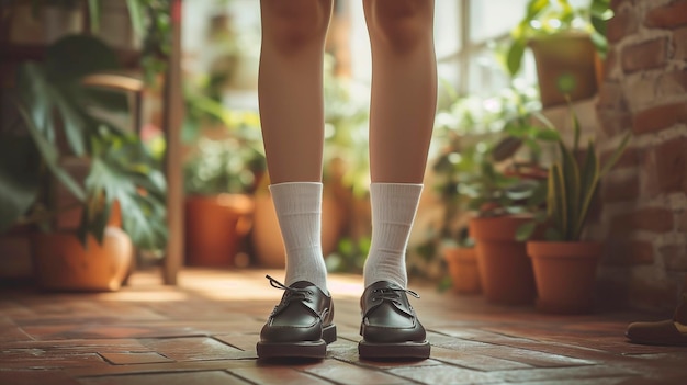 Photo personne debout sur un sol carrelé avec leurs chaussures sur les pieds