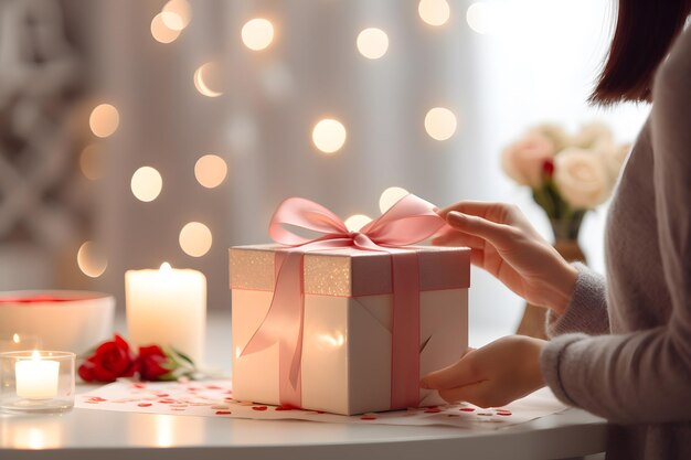 une personne décorant un cadeau de la Saint-Valentin avec un ruban et un nœud