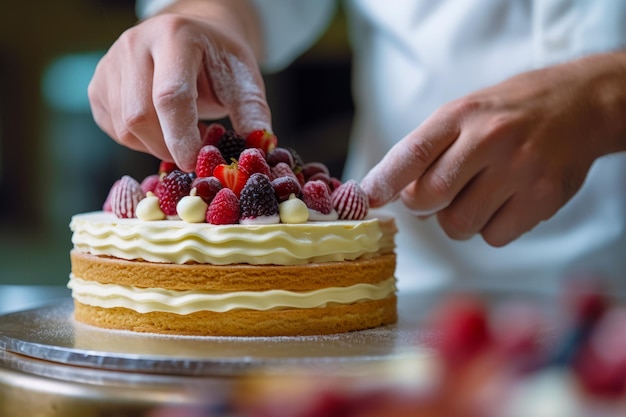 Une personne décore un gâteau avec des fraises et des framboises AI générative