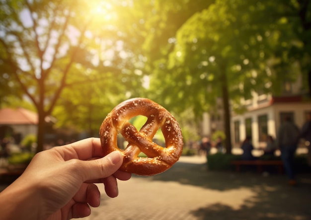 Photo une personne dégustant un bretzel dans un cadre extérieur