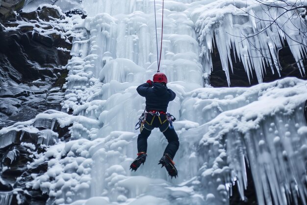 Personne descendant en rappel une cascade glacée avec une corde et un harnais