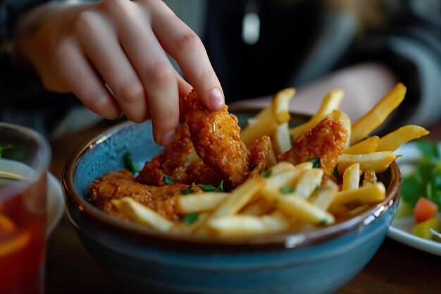 Une personne avec des doigts de poulet plongeant dans un bol de frites