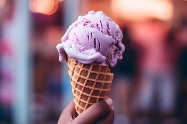 La personne du cône du bonheur avec de la crème glacée au cône de gaufres