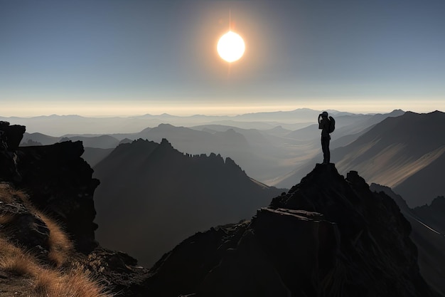 Personne avec éclipse en arrière-plan debout au sommet de la montagne