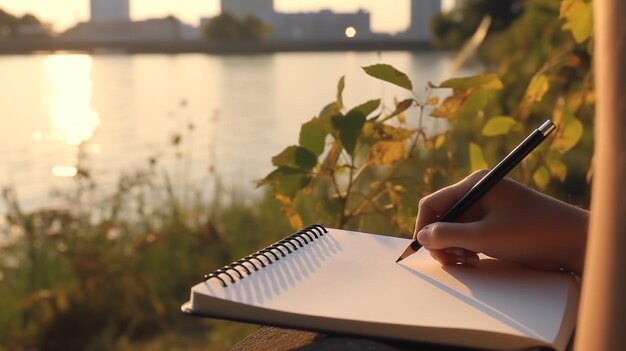 Une personne écrit dans un cahier avec un crayon.