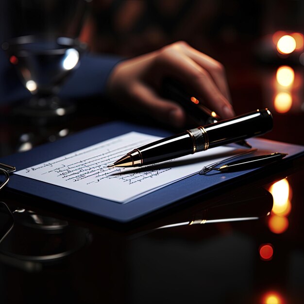 Photo une personne écrit sur un morceau de papier avec un stylo dessus