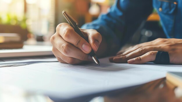 Une personne écrit sur un papier avec un stylo. La personne porte une chemise bleue à manches longues. Le fond est flou.