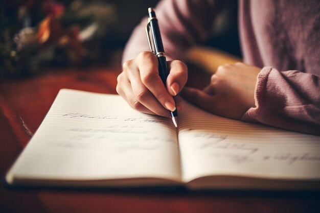 Une personne écrivant sur un cahier avec un stylo