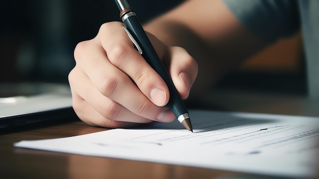 Une personne écrivant sur une feuille de papier