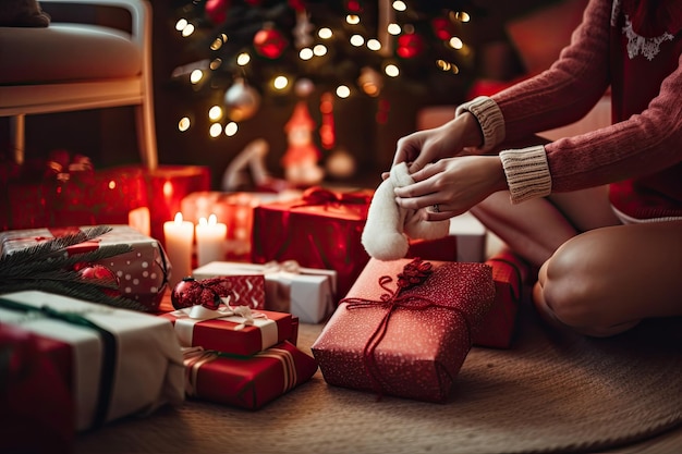 Personne emballant des cadeaux dans une salle de fête avec des bas suspendus à proximité créés avec une IA générative