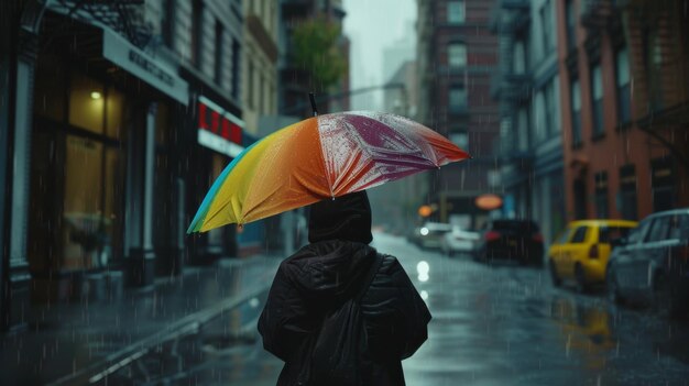 Une personne enveloppée de mystère tient un parapluie vibrant au milieu d'un paysage urbain pluvieux