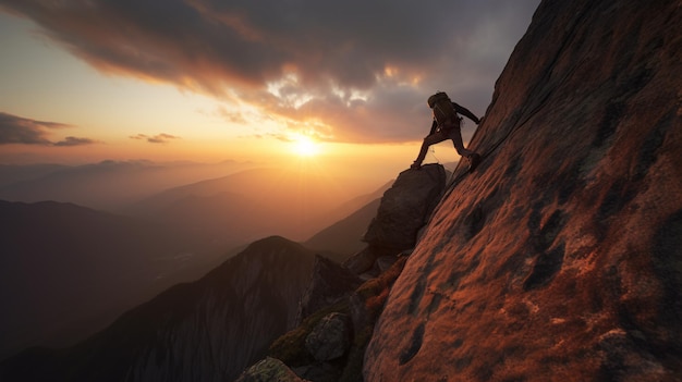 Une personne escaladant une montagne avec le soleil se couchant derrière elle