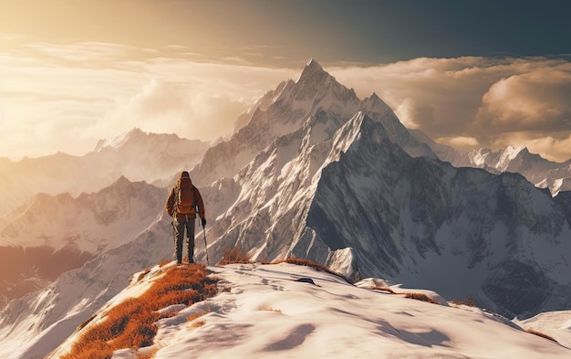 une personne escalade une montagne couverte de neige dans le style d'une photo de National Geographic