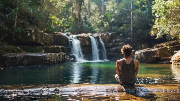 Une personne est assise sur le bord d'une petite cascade retourné vers la caméra comme ils regardent à