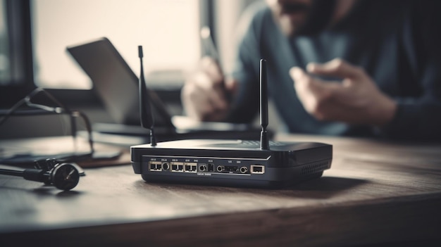 Une personne est assise à un bureau avec un routeur et une IA générative de tablette