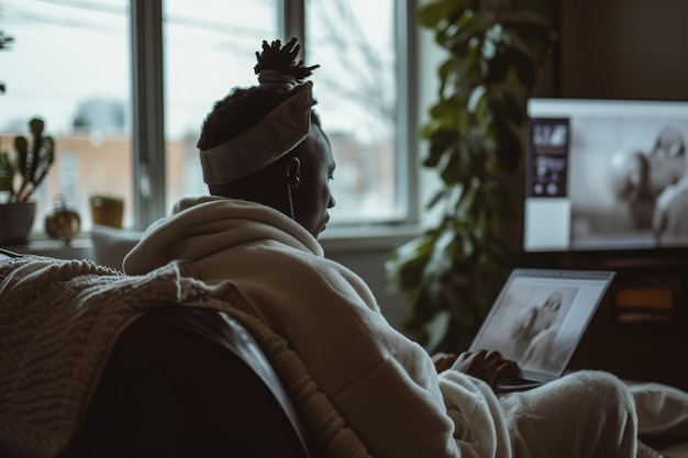 Une personne est assise sur un canapé absorbée par son ordinateur portable une personne assistant à un appel vidéo en loungewear généré par l'IA