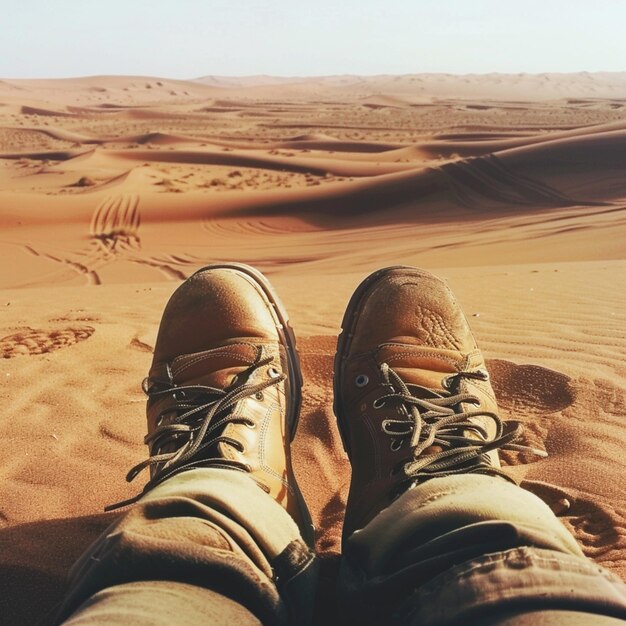 une personne est assise dans le sable avec une paire de chaussures à ses pieds