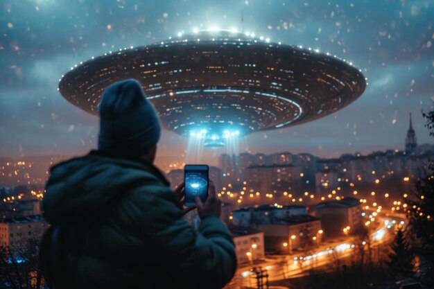 Une personne est vue en train de photographier un OVNI avec son smartphone dans une rue animée de la ville pendant la journée au milieu d'un ciel brumeux