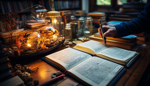 Photo une personne étudiant la religion, lisant la bible dans une bibliothèque éclairée aux chandelles générée par l'ia