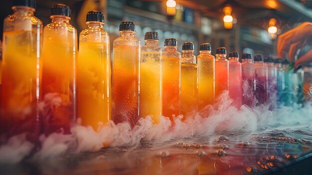 Une personne expérimentant différents arômes de vapotage entourée de bouteilles de liquide dans une variété