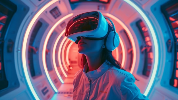 Une personne explorant l'intérieur d'un vaisseau spatial futuriste avec un casque VR