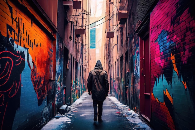 Personne explorant une ruelle couverte de graffitis intrigante et inconnue créée avec une IA générative