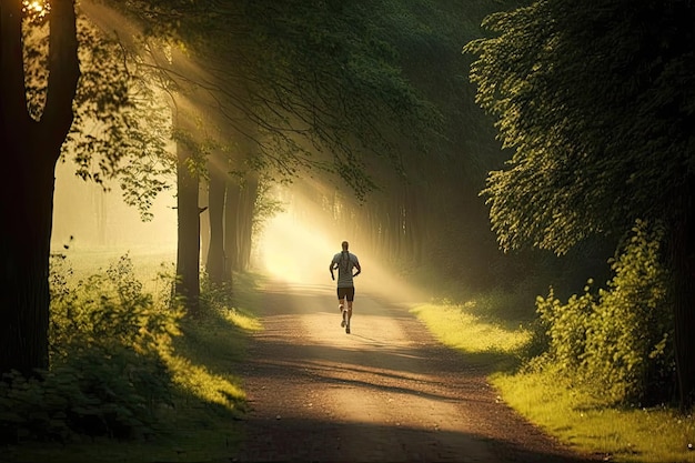 Une personne faisant du jogging dans la nature tôt le matin Exercice en plein air à l'air frais Vues panoramiques Nature Activité physique Clarté mentale Amélioration de l'humeur Haute résolution AI générative