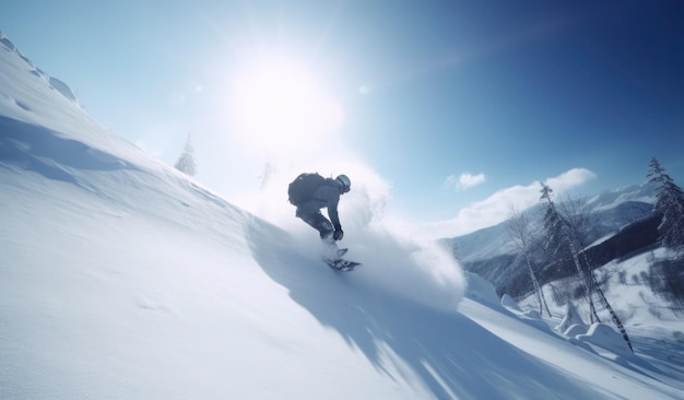 Une personne faisant du snowboard sur une pente enneigée.