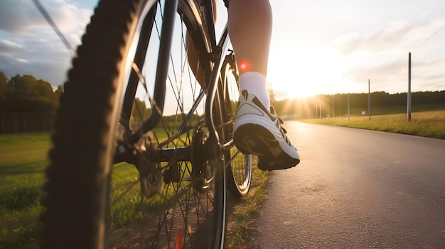 Une personne faisant du vélo sur une route avec le soleil qui brille sur le vélo