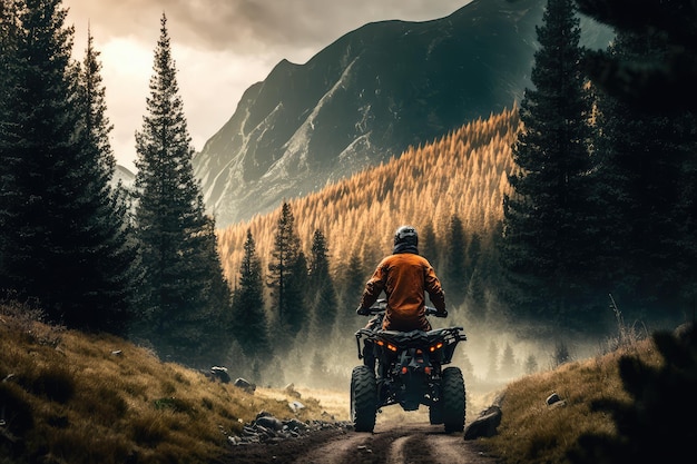 Personne faisant du VTT sur un sentier de montagne avec une vue imprenable sur la forêt visible en arrière-plan