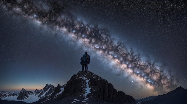 Une personne faisant de la randonnée au sommet d'une montagne admirant la galaxie de la Voie Lactée.