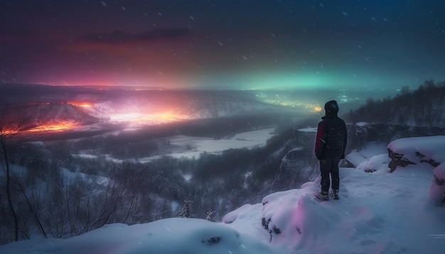 Une personne faisant de la randonnée au sommet d'une montagne en hiver générée par l'IA