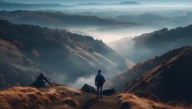 Une personne faisant de la randonnée dans un sac à dos au sommet d'une montagne explorant la beauté de la nature générée par l'intelligence artificielle
