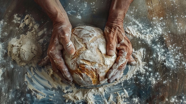 Une personne fait du pain et le tient dans ses mains.