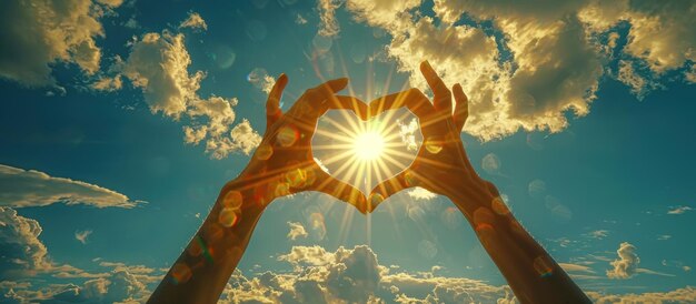 Photo une personne fait un geste en forme de cœur pendant que le soleil brille
