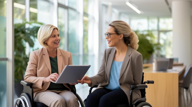 Une personne en fauteuil roulant ayant une conversation agréable avec un autre collègue au bureau