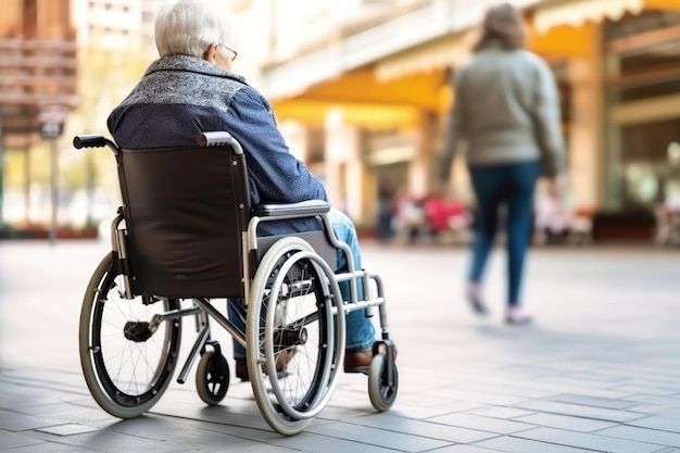 Une personne en fauteuil roulant descend la rue