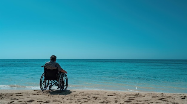 Une personne en fauteuil roulant profitant de la vue sur l'océan depuis la plage