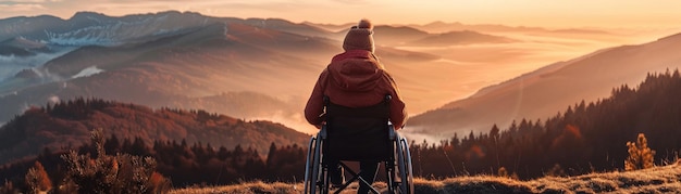 Une personne en fauteuil roulant surplombant un paysage montagneux à couper le souffle au lever du soleil