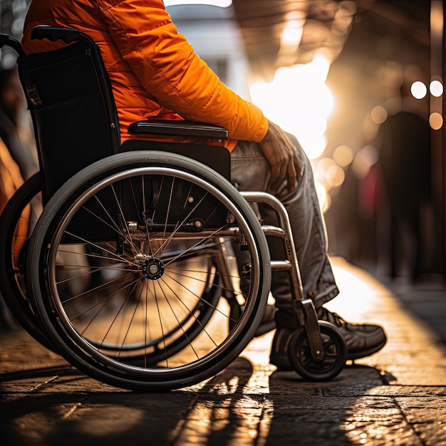 une personne en fauteuil roulant avec une veste orange et un sac noir