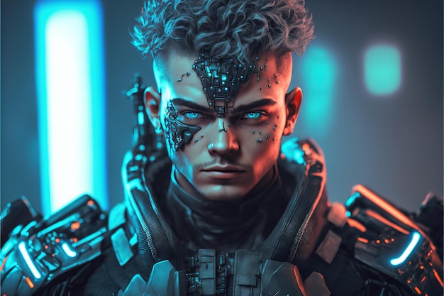 Une personne fictive non basée sur une personne réelle Portrait d'un guerrier cyberpunk scifi