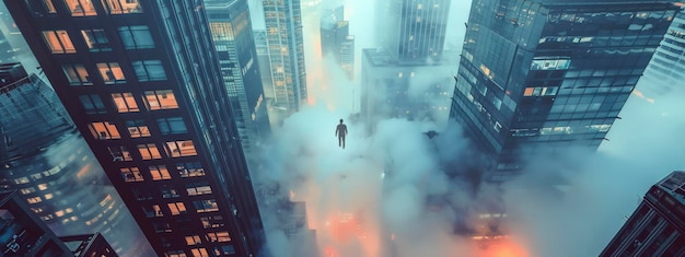 une personne flottant entre des bâtiments avec des nuages et du brouillard en arrière-plan