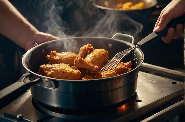 Une personne frite du poulet dans une frite profonde