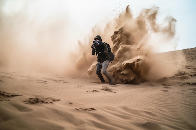 Photo personne fuyant une explosion de sable avec caméra à la main