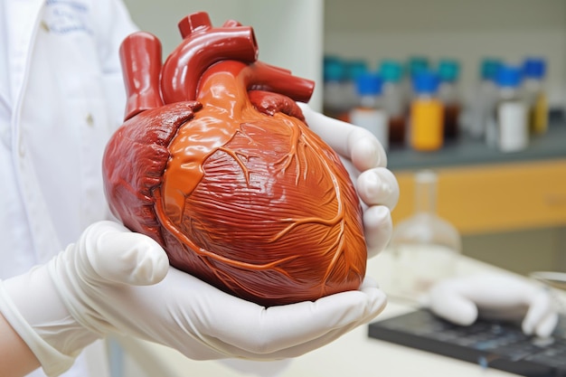 Personne en gants blancs tenant un modèle de cœur dans un environnement de laboratoire