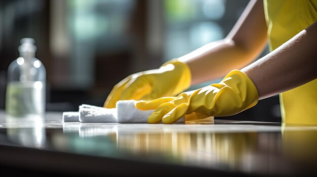 Une personne en gants jaunes nettoyant une table ai